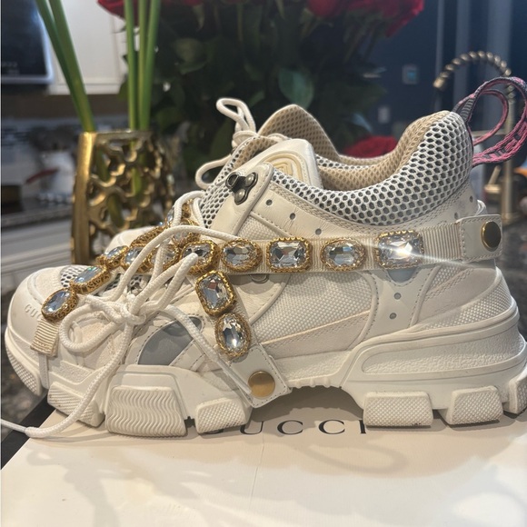Gucci Shoes - Gucci Women's Cream Sneakers with Gold and Silver Accents